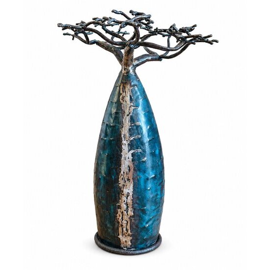 Baobab bleu en métal recyclé – Sculpture à poser 40 cm Sculpture de baobab fait main – Métal recyclé et finition bleue texturée
