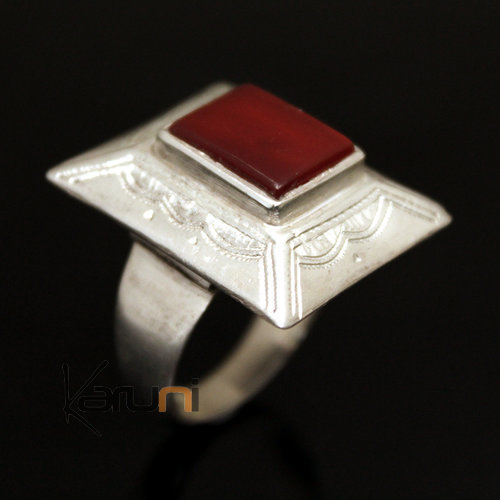 Bijoux Touareg Ethniques Bague en Argent et Agate Rouge 28 Grand Rectangle c