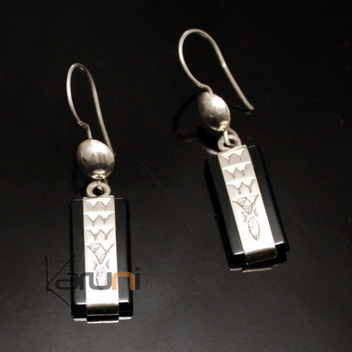 Boucles d'Oreilles en Argent et Pierre 20 Onyx Rectangle