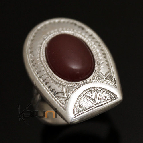 Bijoux Touareg Ethniques Bague en Argent et Agate Rouge 25 Fer  Cheval c