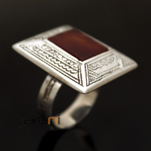 Bijoux Touareg Ethniques Bague en Argent et Agate Rouge 27 Grand Rectangle c