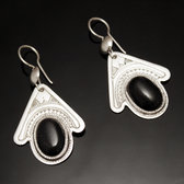 Bijoux Touareg Ethniques Boucles d'Oreilles en Argent et Pierre 37 Pendant Fleur Onyx Noir