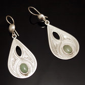 Bijoux Touareg Ethniques Boucles d'Oreilles en Argent et Pierre 39 Goutte Grave Ajoure Jade Vert