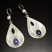 Bijoux Touareg Ethniques Boucles d'Oreilles en Argent et Pierre 39 Goutte Grave Ajoure Lapis-Lazuli