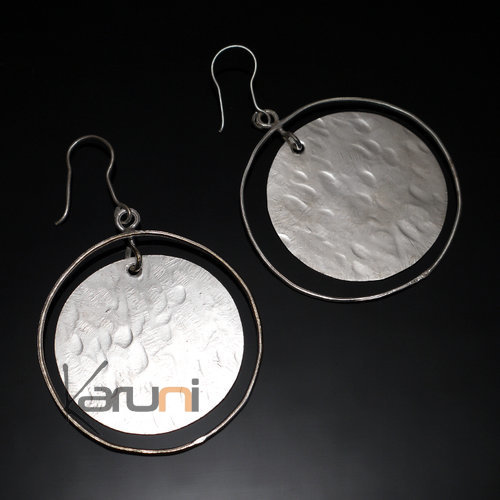 Bijoux Ethniques Africains Boucles d'Oreilles Peul Fulani Mali 108PM Plaqu Argent Pendants Ronds Cercle Marteles