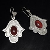 Bijoux Touareg Ethniques Boucles d'Oreilles en Argent et Pierre 13 Main de Fatma Khamsa Agate Rouge